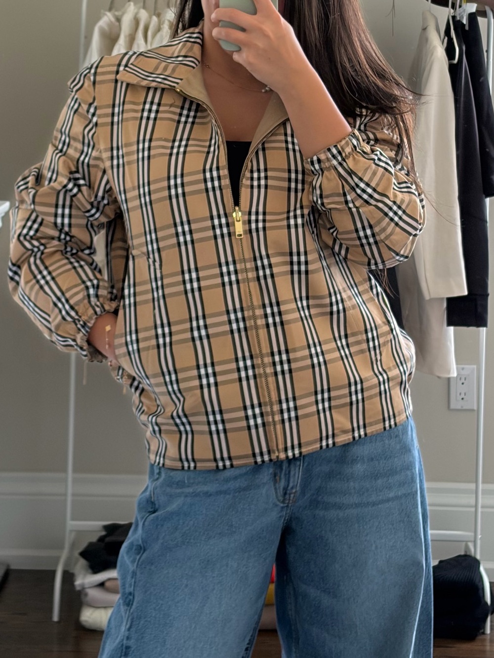 Sandro Beige Bomber Jacket with Plaid Lining - Picture 4 of 9